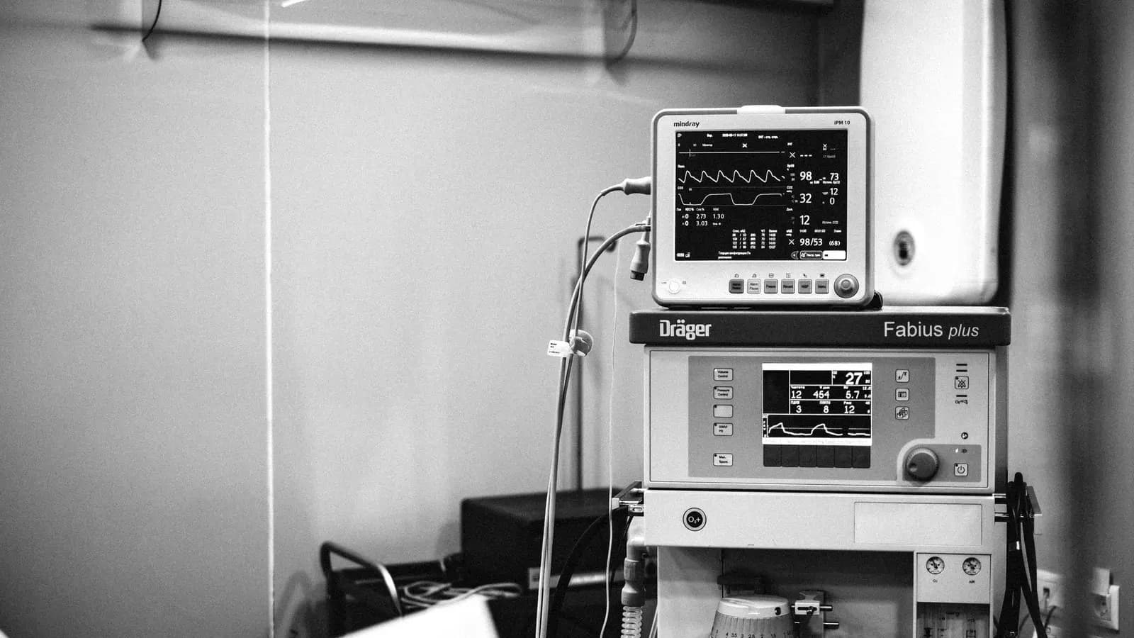 Black and white photograph of an anesthesia workstation in a hospital