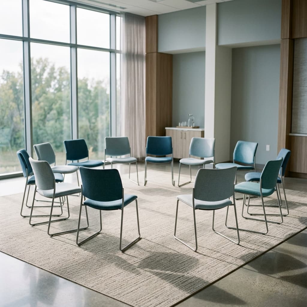Group therapy room in a behavioral health facility representing the treatment environments where placed clinicians work