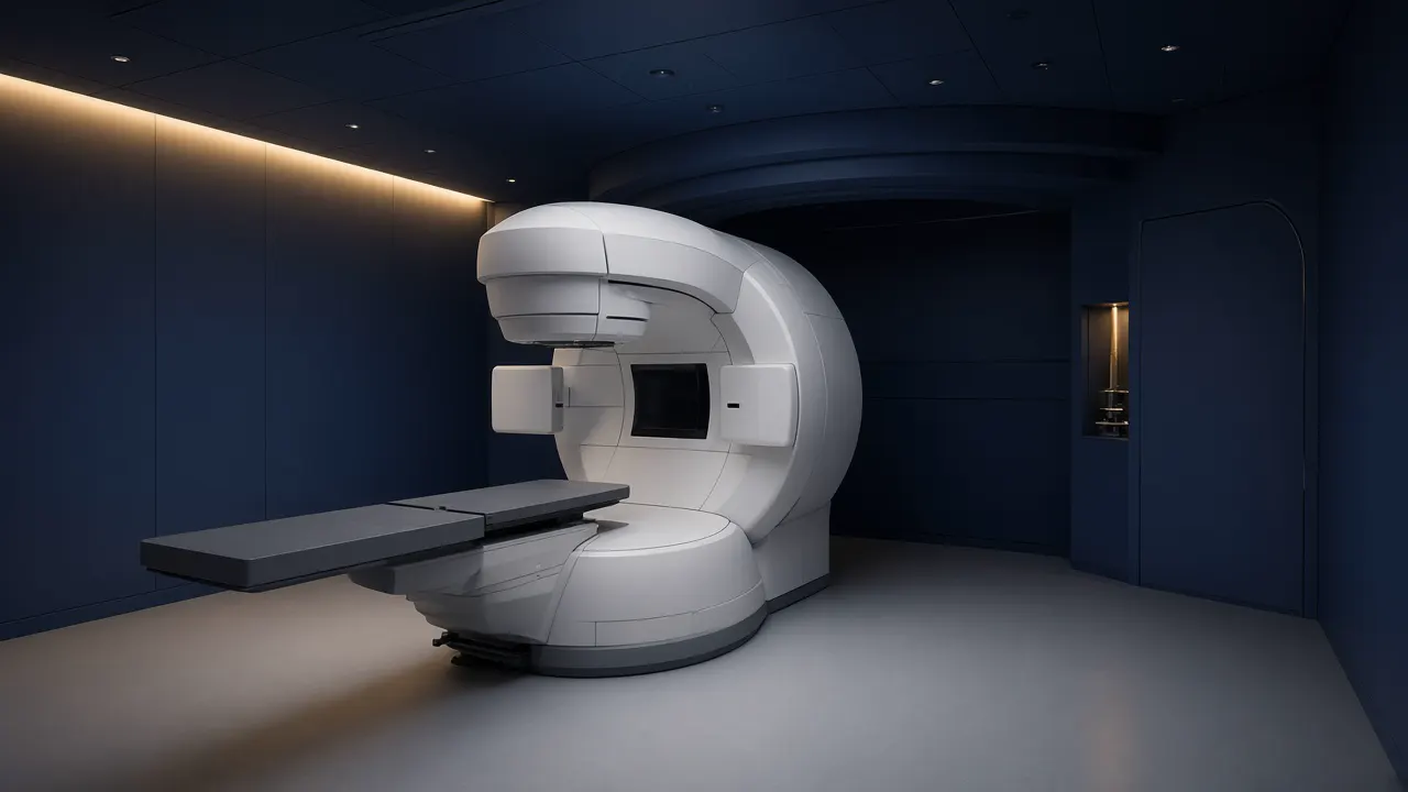 Empty radiation oncology treatment room with a linear accelerator and treatment couch