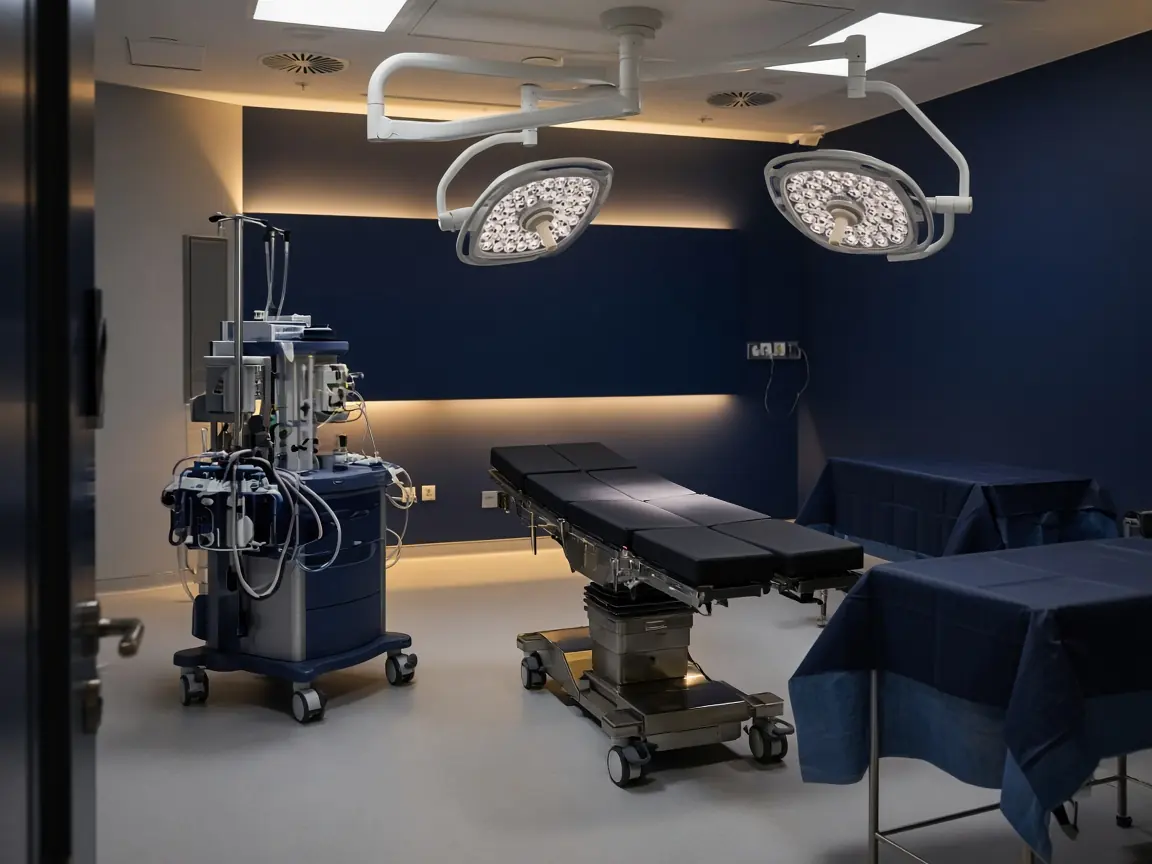Empty cardiac operating room with a heart-lung machine parked beside the table