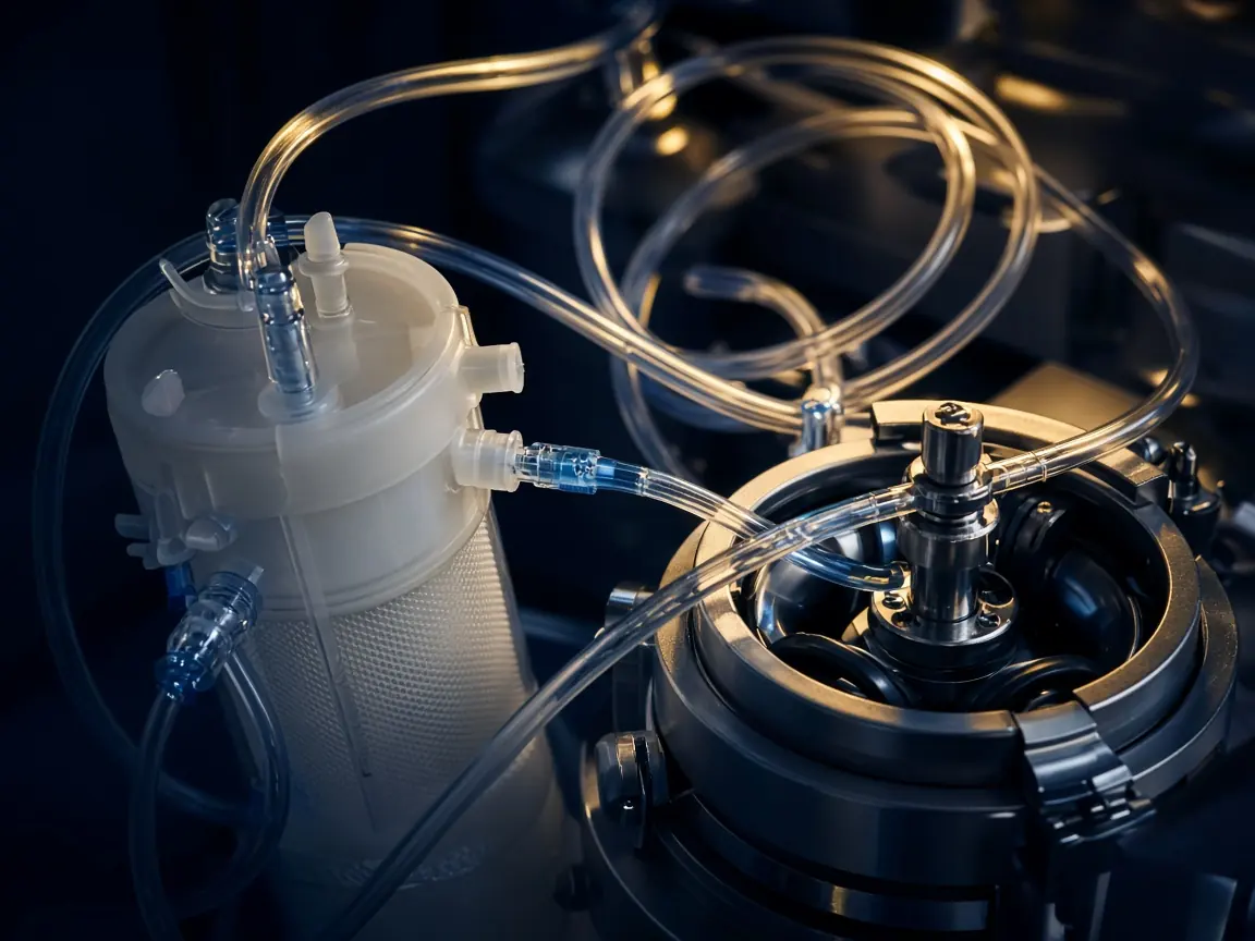 Close view of a perfusion oxygenator, roller pump, and clear circuit tubing