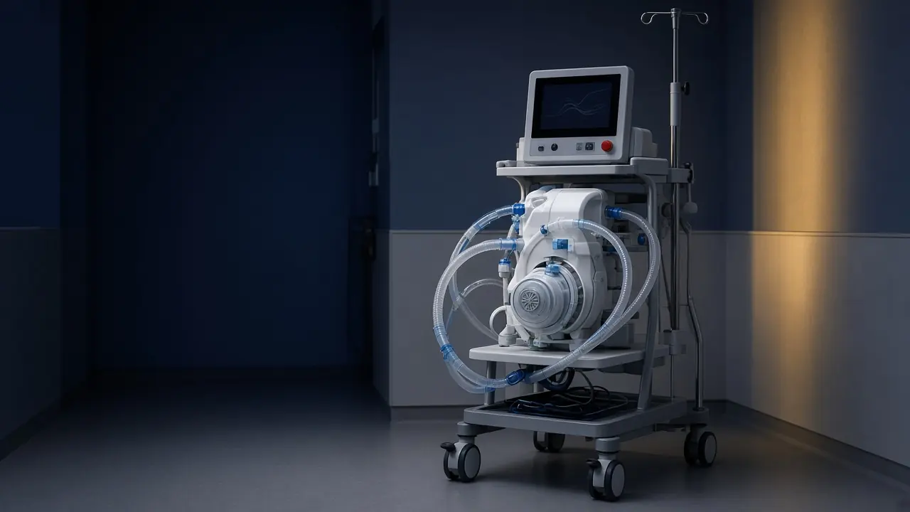 ECMO console and pump on a stand in an empty hospital alcove