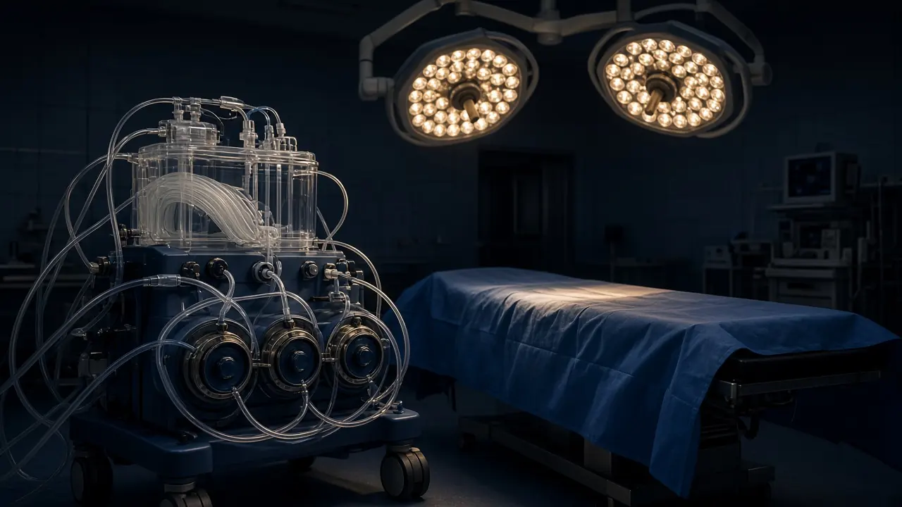 Empty cardiac operating room with a heart-lung machine parked beside the table