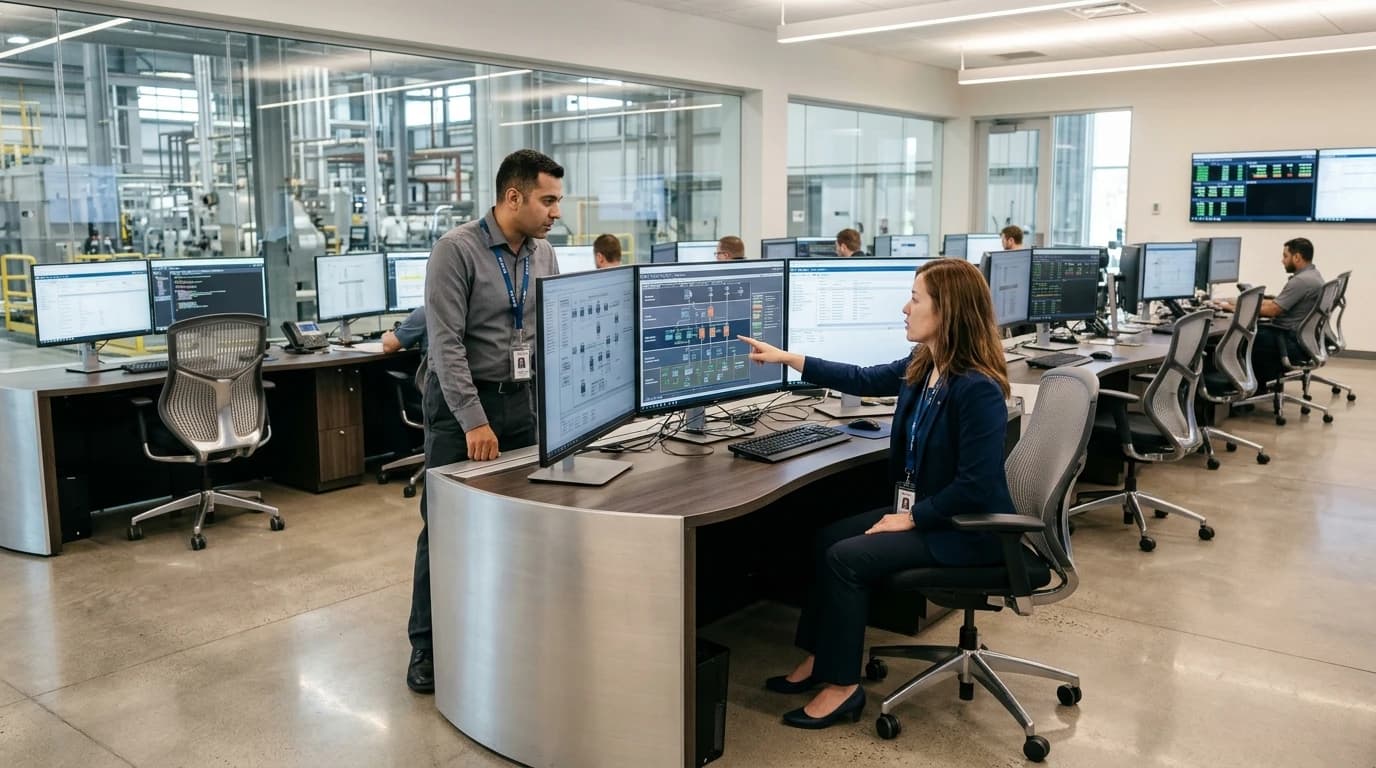 Modern industrial control systems security operations center monitoring SCADA network traffic and industrial telemetry