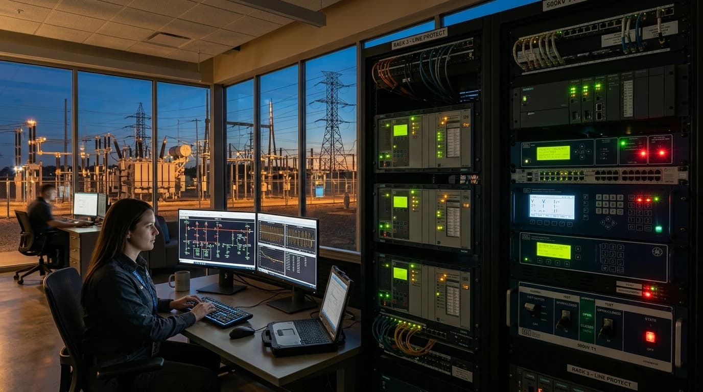 Power grid protection and control engineering substation control room with SEL protective relay panels and high-voltage transmission view