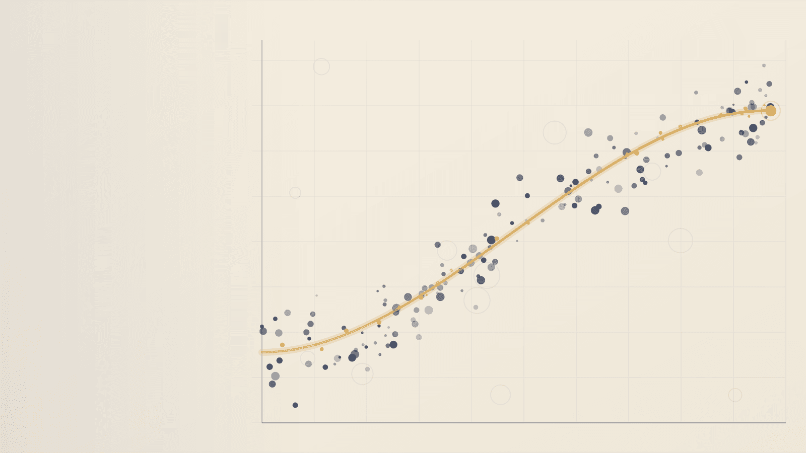 Editorial illustration of navy scatter-plot points on cream paper, a single gold trend line rising through them