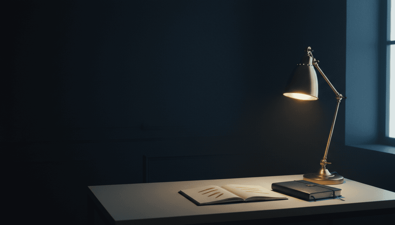 A senior recruiter's desk at dawn, a leather notebook and a brass desk lamp casting warm light by a window