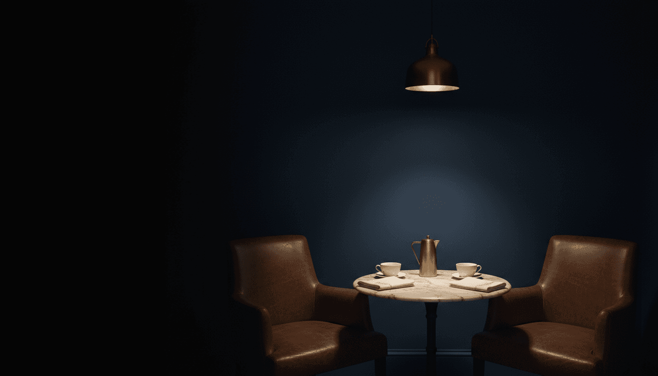 A private dining room at dusk, two leather chairs facing each other across a small marble table under a single warm pendant lamp