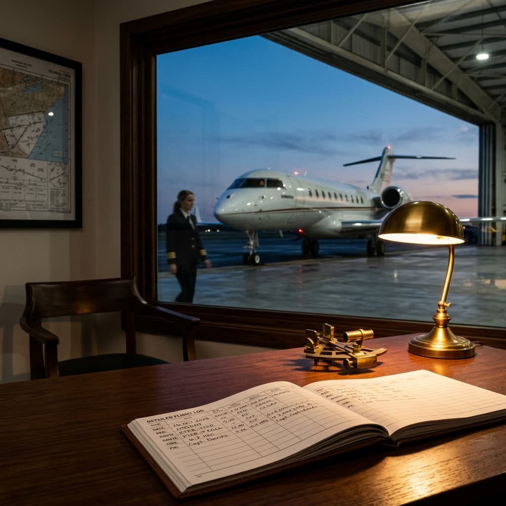 Private hangar office looking out to a polished business jet on the tarmac at twilight