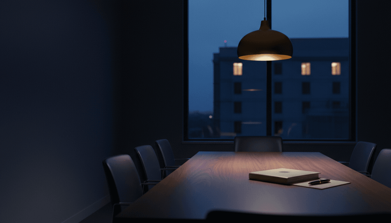 Empty hospital executive boardroom at dusk, a warm pendant light over the conference table and a hospital tower lit through the window