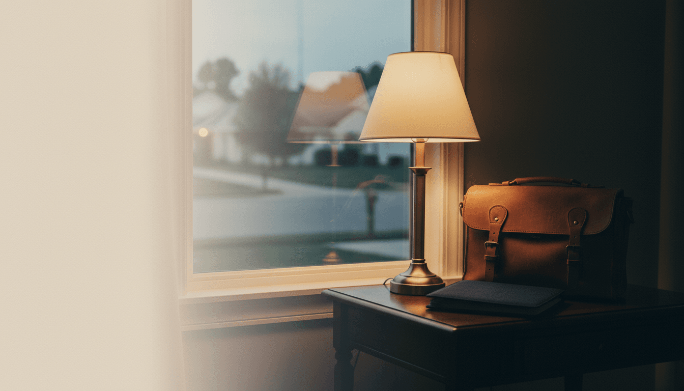 A caregiver's leather field bag and a navy care-plan folio beside a warm table lamp in a suburban home entryway at dusk