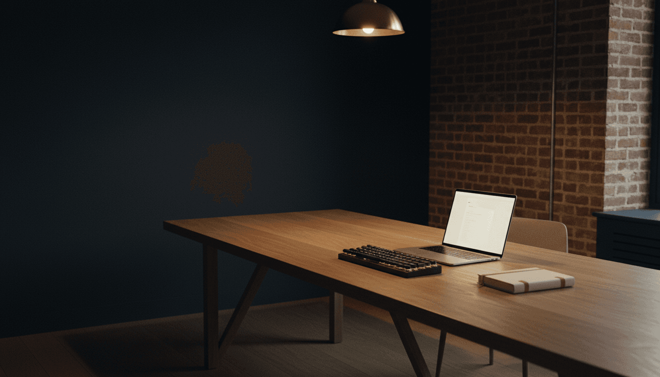 An empty CTO office at dusk, a darkened mechanical keyboard and a laptop reflecting soft light on a long oak desk
