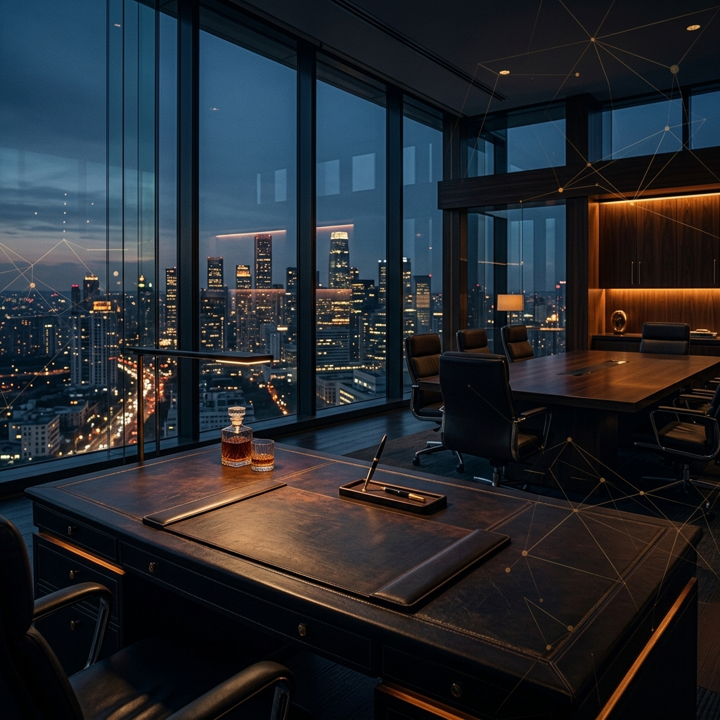 Executive search firm office overlooking a city skyline at dusk