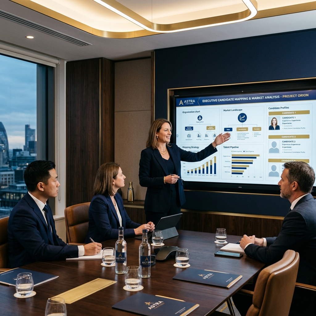 Senior executive search partner presenting candidate mapping data to client board