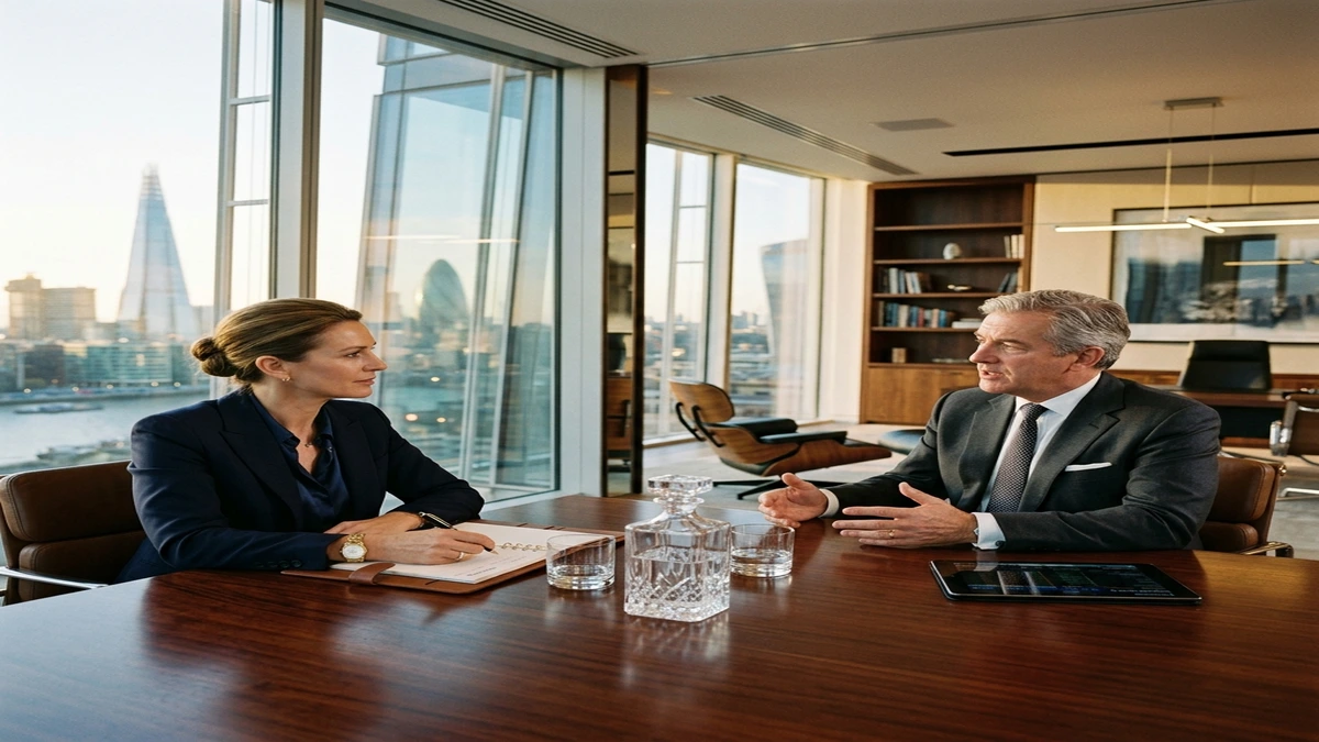 Executive search intake meeting with prospective CEO in penthouse boardroom