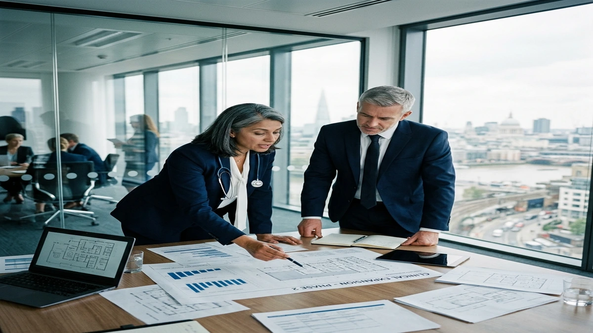 Healthcare Chief Medical Officer and CEO reviewing clinical expansion plans in executive boardroom