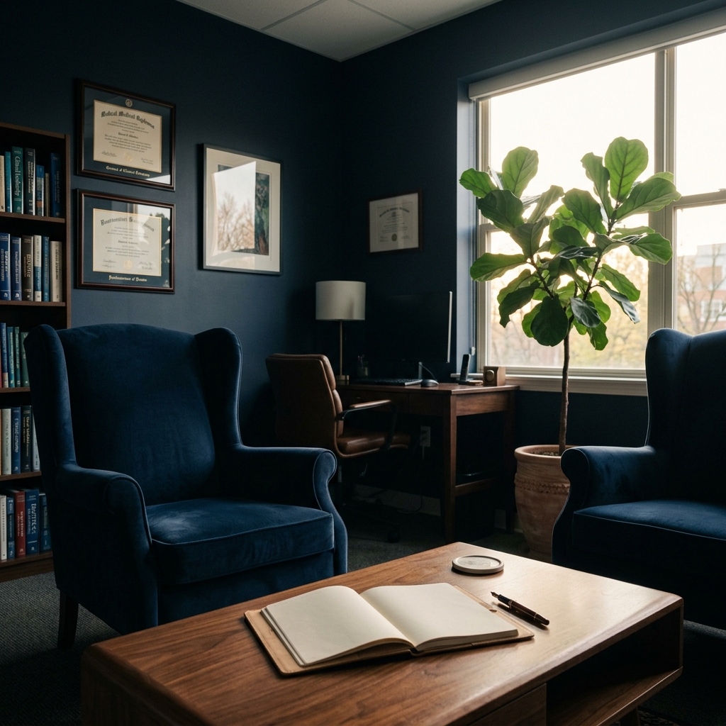 Clinical director office at dawn with wingback armchairs, open notebook, and soft window lighting, representing behavioral health executive searches