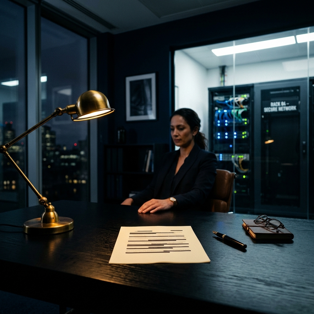 CISO office at night with steel server cabinet, polished desk, and redacted cream paper, representing cybersecurity executive searches