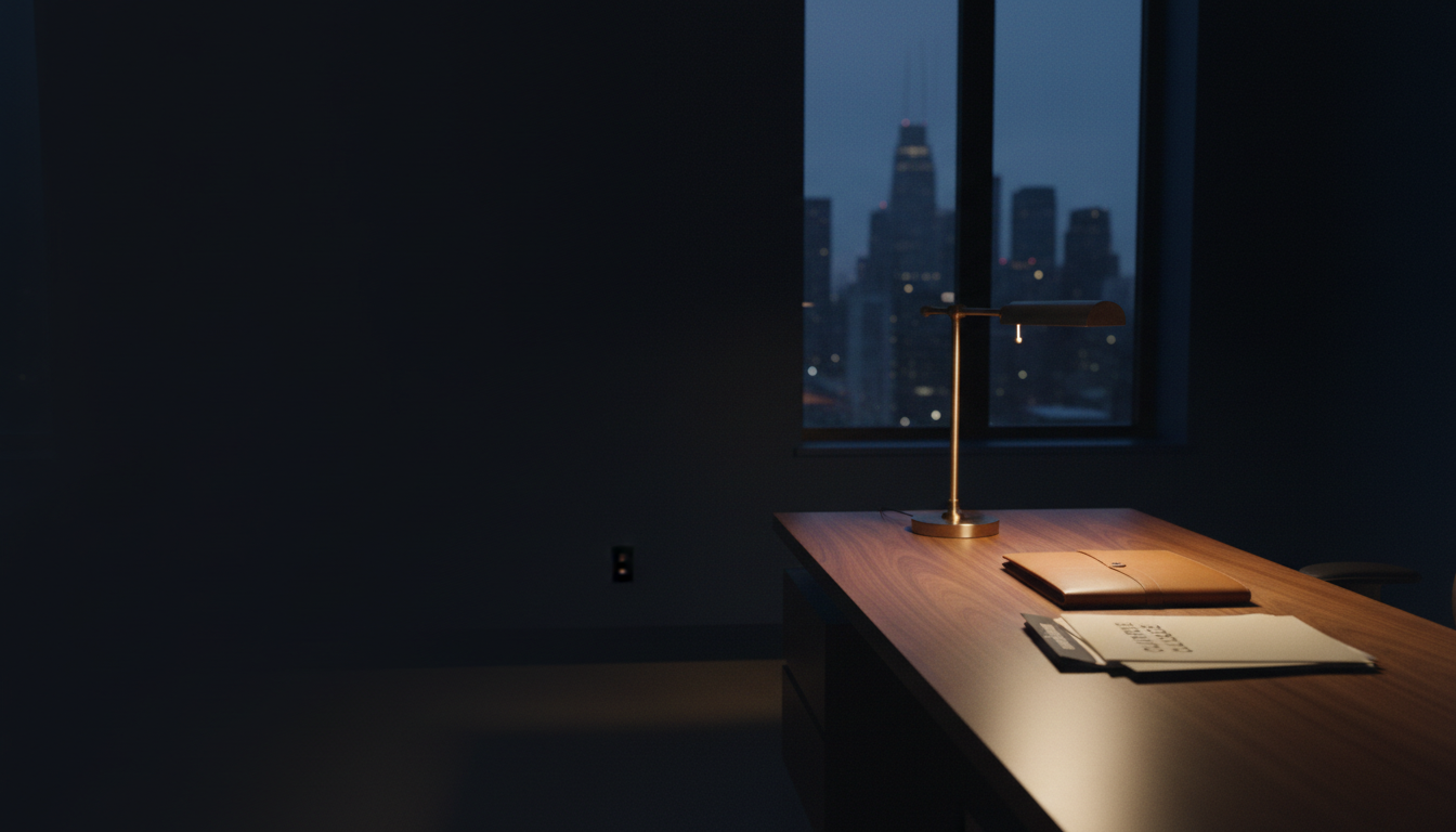An empty CFO office at day's end, a walnut desk with a closed leather portfolio and a quarterly report under a warm desk lamp