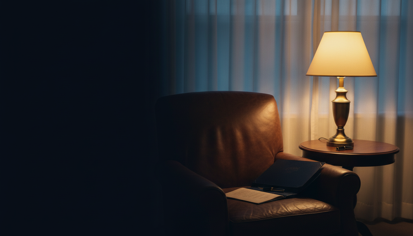 A hospice house sitting room at dusk, a leather armchair beside a warm table lamp with a navy folio and fountain pen on the side table