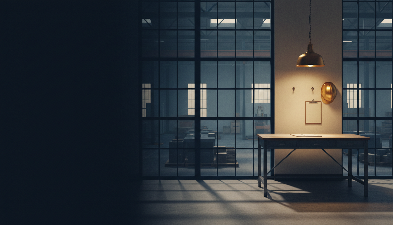 An empty plant-manager's mezzanine office at dawn overlooking a quiet production floor, a safety helmet on a hook