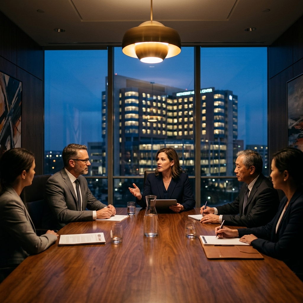 Hospital executive boardroom at dusk with team in meeting under warm pendant lamp