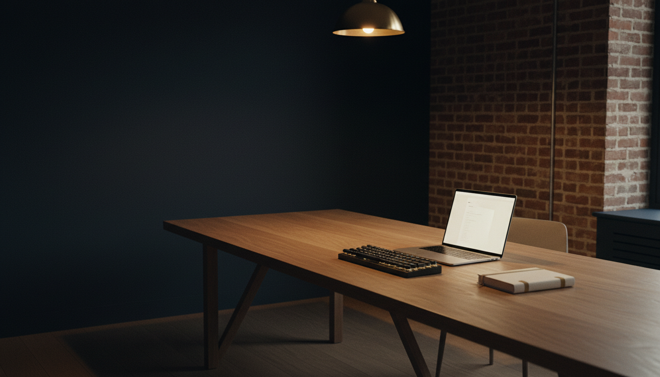 An empty CTO office at dusk, a darkened mechanical keyboard and a laptop reflecting soft light on a long oak desk