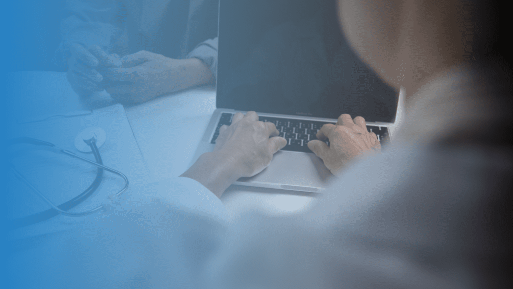 Healthcare IT professionals analyzing data while surrounded by digital healthcare technology challenges and opportunities