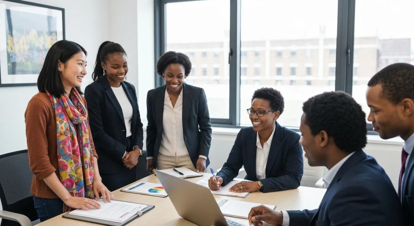 A diverse group of job seekers receiving personalized career advice from a local recruitment specialist in a welcoming office environment