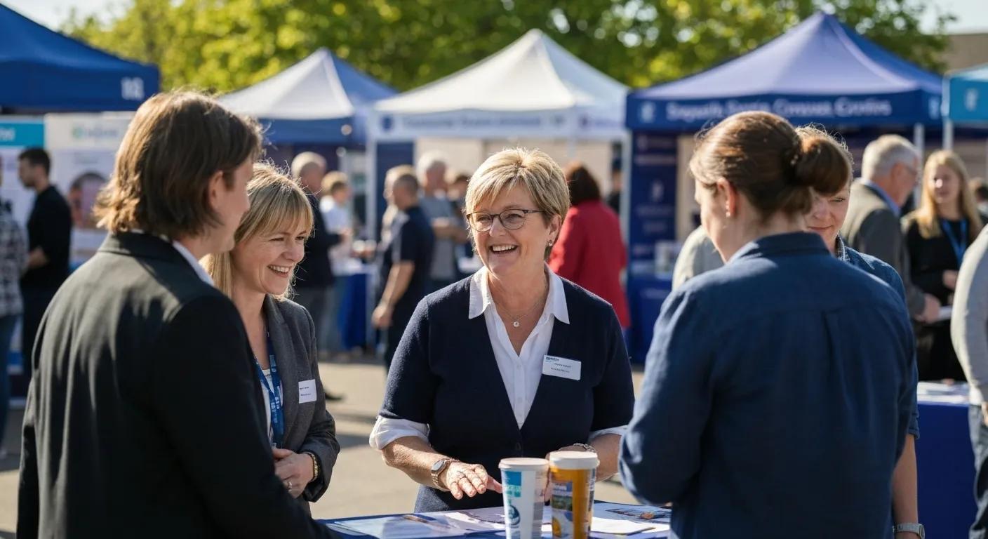 A recruitment consultant actively networking at a local community event, highlighting their strong community engagement and connections
